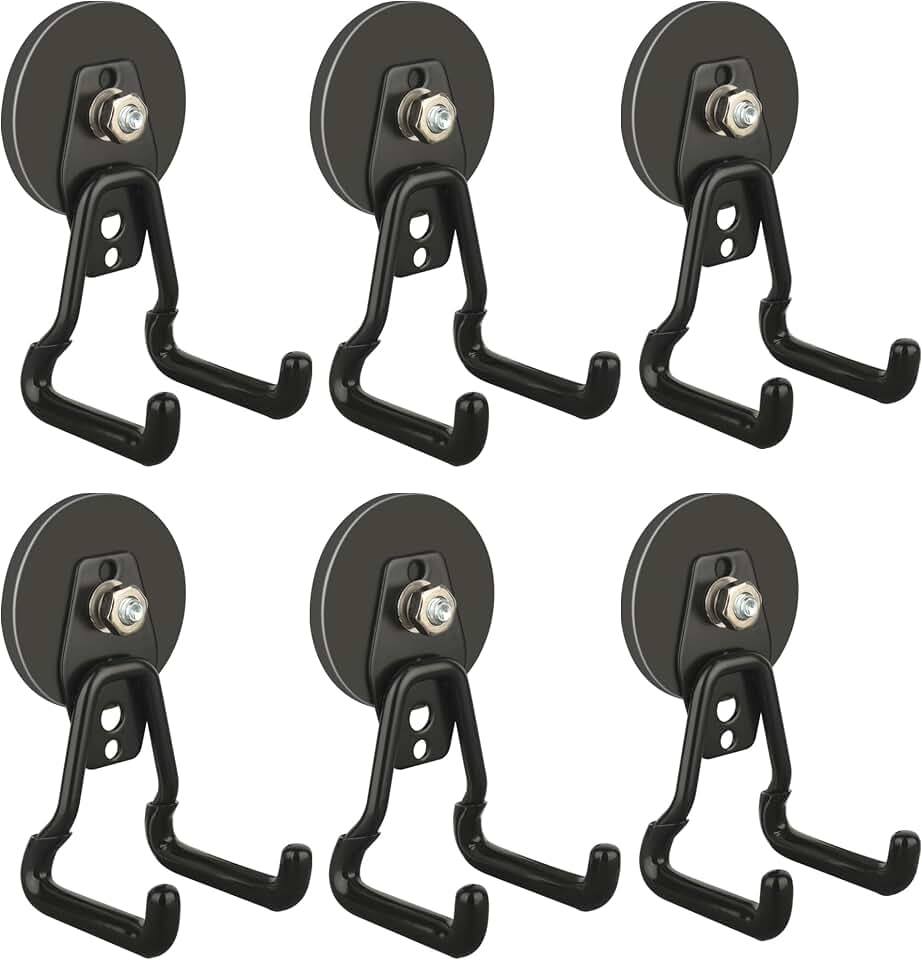 ULIBERMAGNET Upgraded Large Magnetic Hooks,Strong Heavy Duty Magnet Hooks for Power Drill,Broom,Garden Tools, Pegboard, Garage, Workshop, Hardware, 6 Pack Magnet Storage Holder for Hanging(Black)