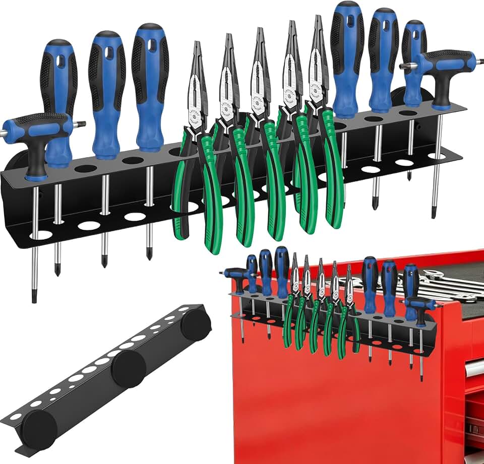 Heavy Duty Magnetic Metal Tool Holder - 18 Holes Screwdriver Organizer for Garage Workshop Sheds Homes Bench &amp; Pegboard, Fits Pliers and Hand Tools Small Tools