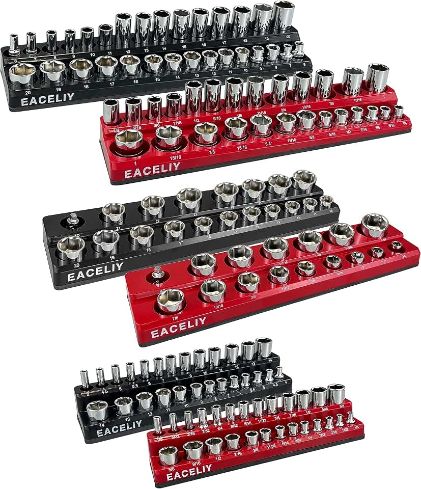 EACELIY Magnetic Socket Organizer Set, 1/2", 1/4" and 3/8" SAE &amp; Metric Deep &amp; Shallow Socket Holder Kit, holds 141 stanard Sockets, attaches to steel box/tool cart (sockets not included) 丨6PCS