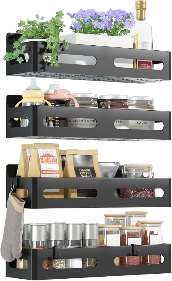 Sevenblue 4-Pack Magnetic Spice Rack for Refrigerator with Hooks, Black | Strong multipurpose magnetic shelf for kitchen &amp; bathroom organization. Includes 4 removable hooks for hanging items. Recycled Claim Standard 100