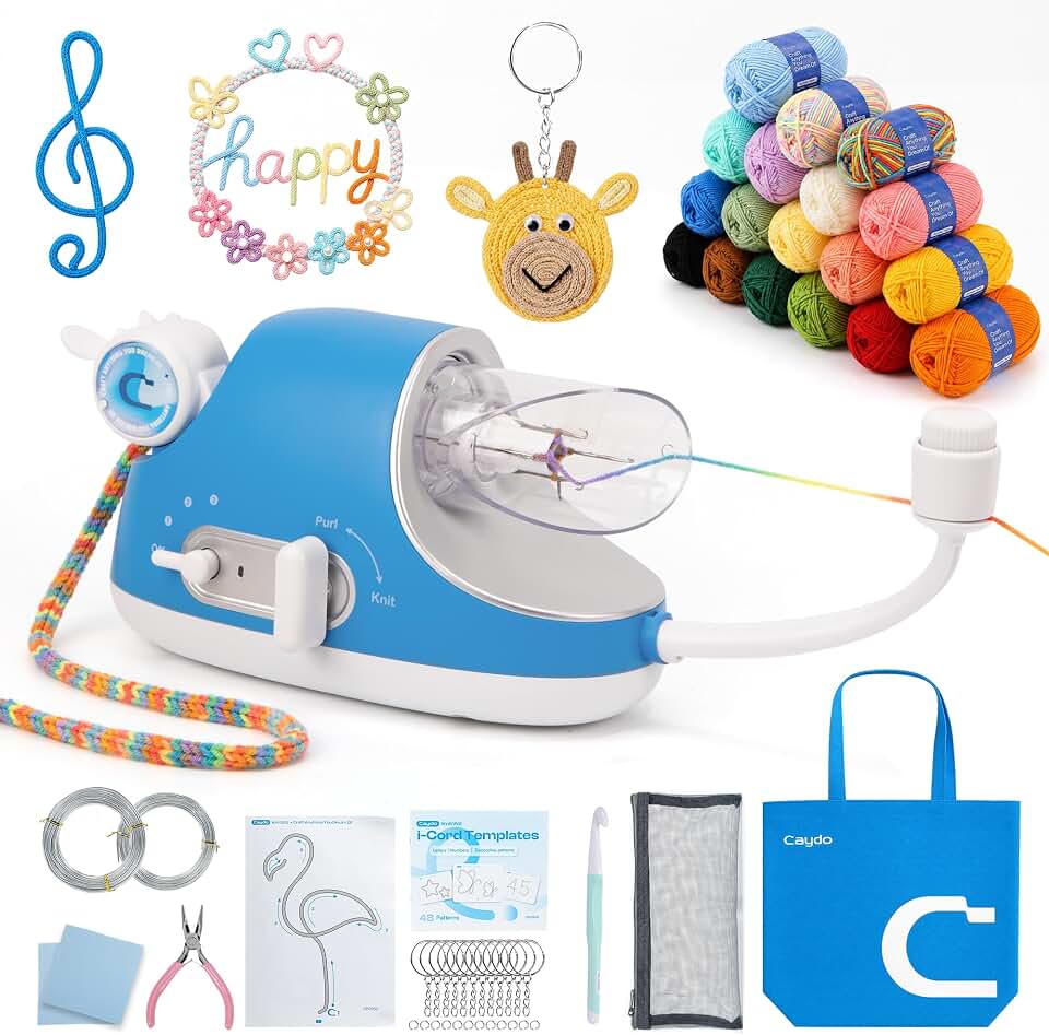Caydo Automatic i Cord Knitting Machine Pro Starter Kit for Beginners, Blue | Electric iCord Maker Tool with 18pcs Yarn &amp; Pattern Template, Hands-Free Efficient Knit Helper for Fast DIY Craft Project