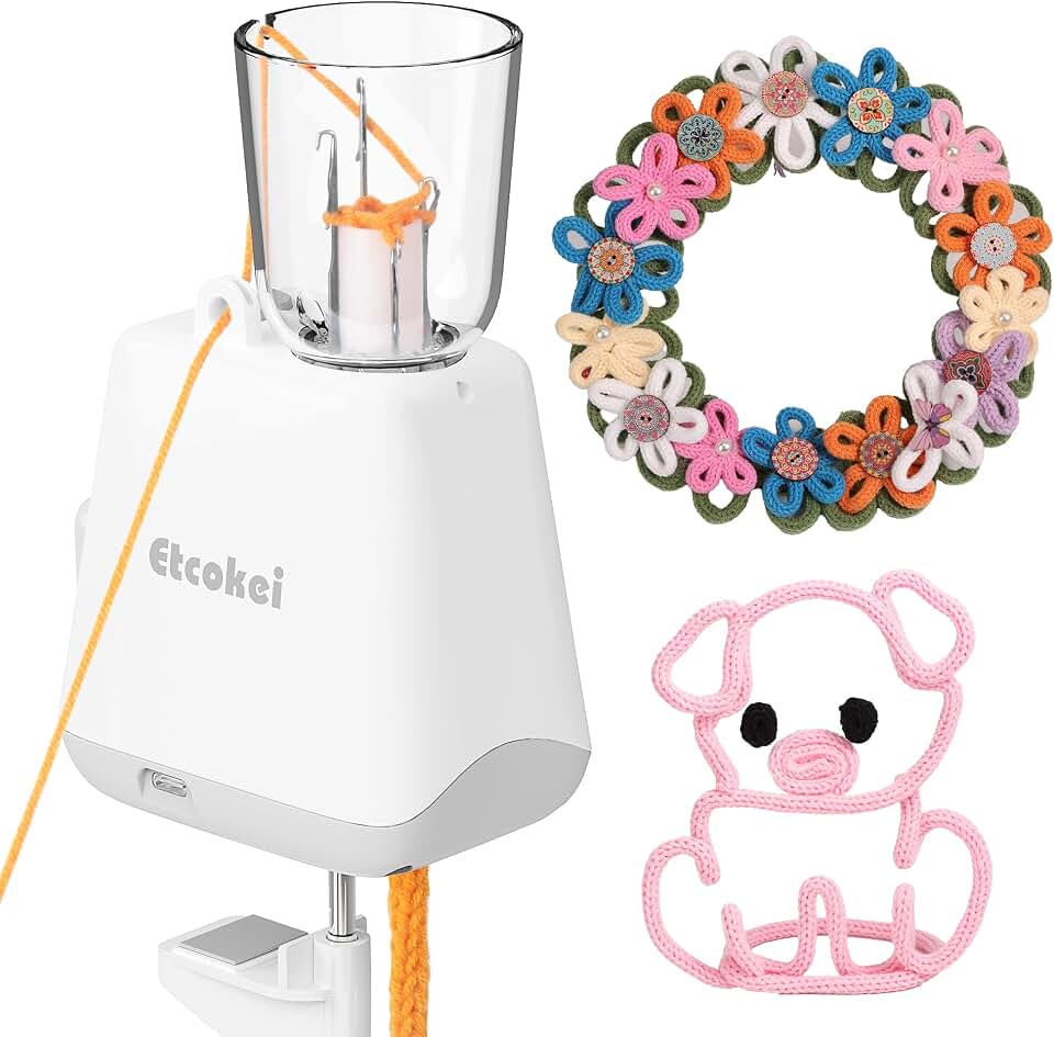 Etcokei iCord Knitting Machine, Auto Knitting Yarns to i-Cords Efficiently | Electric iCord Maker Tool, Compact Crochet Machine for Hands-Free Efficient i-Cord DIY Handicrafts Knitting Projects White