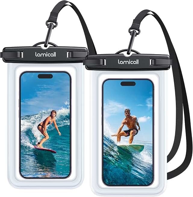 Lamicall Waterproof Phone Pouch, [2 Pack] IPX8 Water Proof Cell Phone Case | Beach &amp; Cruise Essentials, Touch Screen, Dry Bag for iPhone 17 16 15 14 13 12 11 Pro Max Plus, Galaxy S25, for 7" with Case Global Recycled Standard