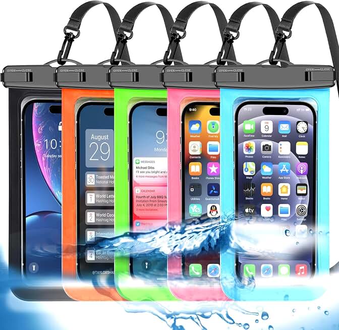 Famoby 5 Pack Multicolor Waterproof Phone Pouch, Cell Phone Case Dry Bag,Protection Level: IP68,Beach Cruise for iPhone,Samsung,and More,Lanyard Included,(Fits Up to 8.3"),Black,Blue,Pink,Orange,Green