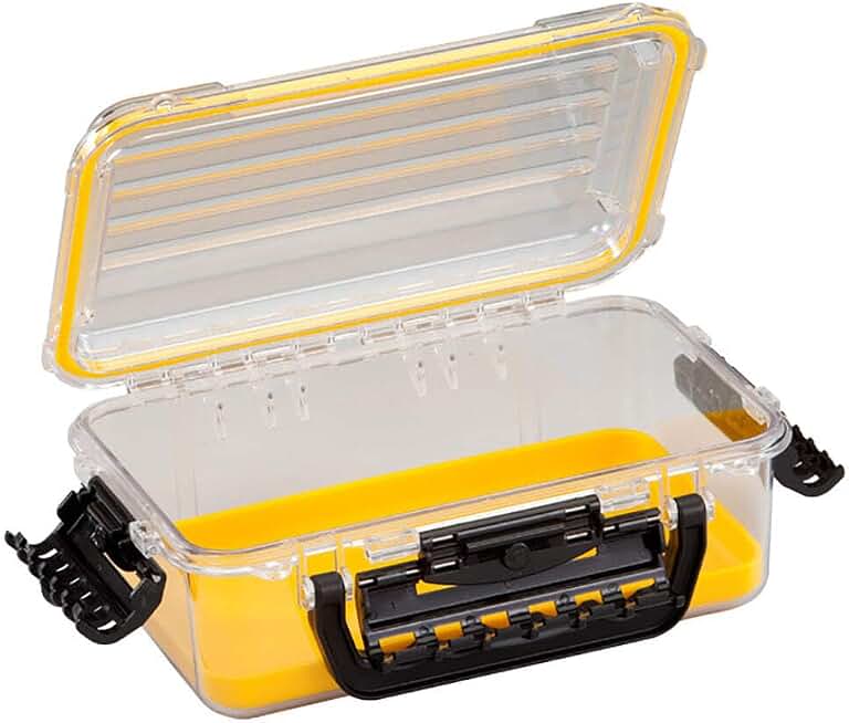 Plano Guide Series 3600 Field Box Waterproof Case, Medium, Waterproof Dry Box with Wrist Strap for Boat, Kayak, and Camping, Outdoor Gear Storage, 11"L x 7"W x 4"H, Clear/yellow