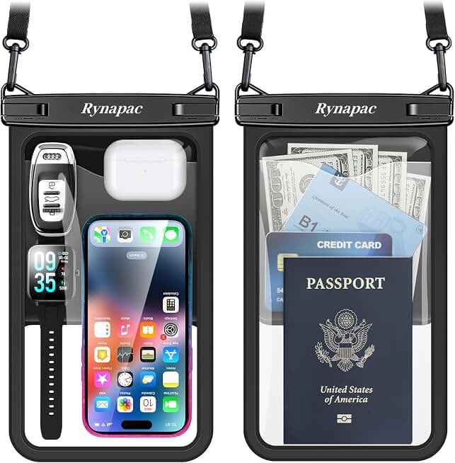 Rynapac Large Waterproof Phone Pouch Up to 10", 2 Pack IPX8 Protector Pouch | Touchscreen Waterproof Phone Case, Underwater Photography, Adjustable Lanyard, Fits All Phones, Beach Cruise Essentials 2026
