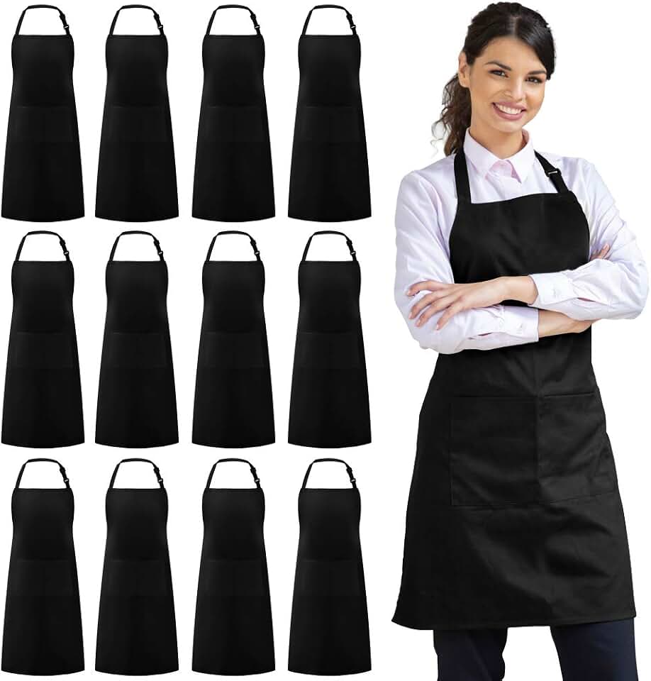 Syntus 12 Pack Apron with 2 Pockets Aprons for Men Women, Polyester, Black | Bulk, Commercial Use, Durable Polyester, Double Stitching, Adjustable Strap, 2 Pockets, Multi-Purpose, BBQ, Grill, Gift