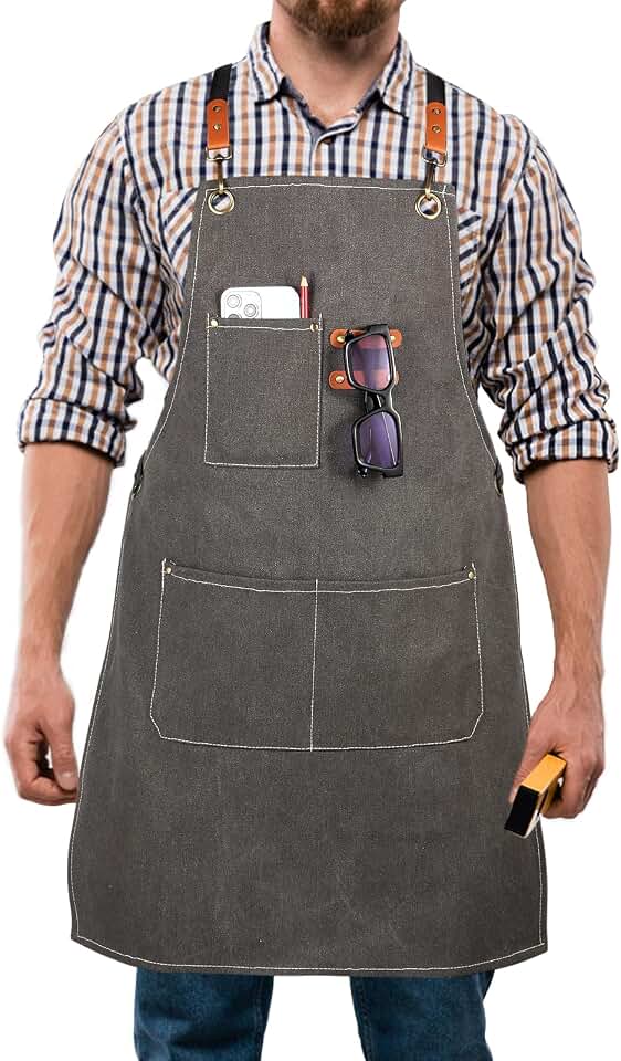 Men's Canvas Tool Apron, Heavy Duty Multi-Pocket Work Apron for Woodworking Gardening Bartender Adjustable Straps