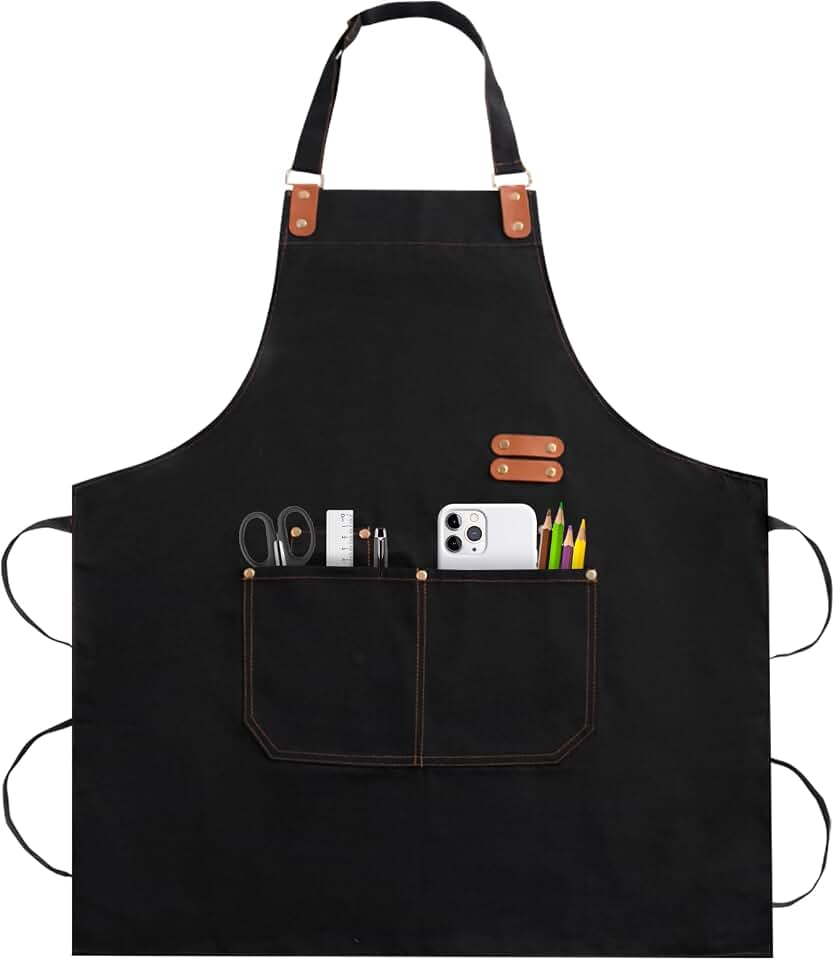 Apron for Men Women, Chef Cotton Apron with Pockets Adjustable Strap | Heavy Duty Kitchen Apron, Oil Resistant, Aprons for Cooking, Baking, BBQ, Grill, Gardening, Woodwork, Hair Stylist
