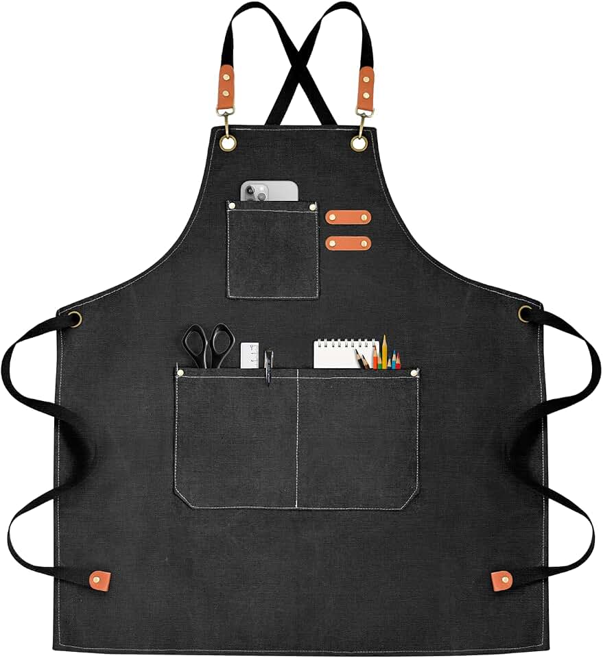 OUNLEN Chef Apron for Men Women Canvas Aprons with 3 Pockets Cross Back Resistant Work Apron for Cooking
