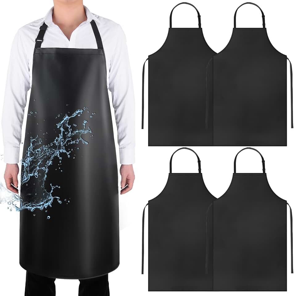 4 Pack Waterproof Rubber Apron, Adjustable Black Apron for Men &amp; Women | Heavy duty work apron for dishwashing, chemical lab butcher grooming, kitchen apron, garden apron, cleaning apron for server