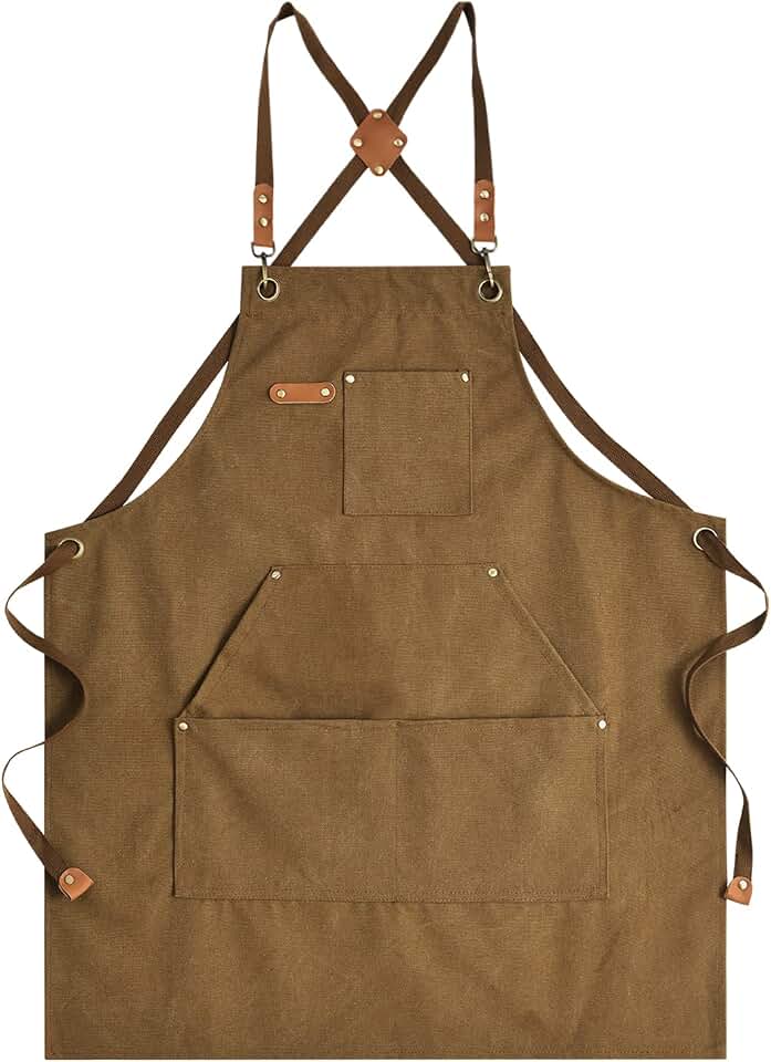 Aoomzoon Canvas Aprons for Men Women, Heavy Duty BBQ Apron with Pockets | 100% Cotton Canvas, 16oz Adjustable Cross Back Apron with Hardware Buckle, 32" x 27" Full Coverage, for Kitchen Grilling