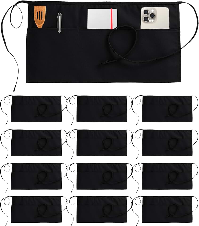 Utopia Wear 12 Pack Server Aprons with 3 Pockets, Waiter and Waitress Waist Aprons for Women with Pockets, Men Short Aprons OEKO-TEX STANDARD 100