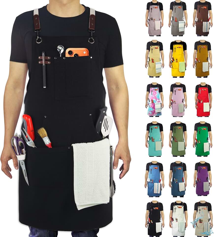 Kitchen Apron, Work Apron, Canvas, Multiple Pockets, Gardening, Painting, BBQ, Artist, Carpenter, Sizes M to XXL, Black