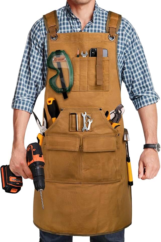 Woodworking Apron for Men, Shop Apron Bib Work Apron with 9 Tool Pockets | Heavy Duty Wood Working Workshop 20 oz Canvas Apron for Carpenter Woodworker Blacksmith, Men Gift, Adjustable to S- 3XL Khaki