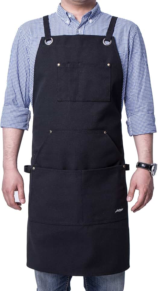 Heavy Duty Canvas Work Apron,Tool Pockets, Back Straps Adjustable（black）