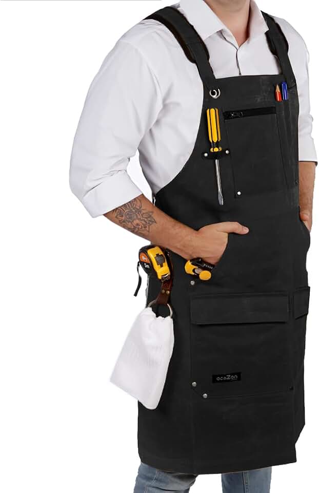 ecoZen Lifestyle Men's Carpenter Apron - Heavy Duty Waxed Canvas Workshop &amp; Woodworking Tool - Fully Adjustable S-XXXL - Woodworking Tools - Aprons for Men
