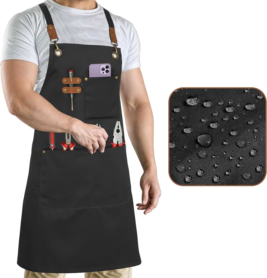 RUVANTI Work Aprons for Men, Oil &amp; Water Repellent, PolyCotton Cross Back Aprons for Women with Pockets, Adjustable up to XXL, Chef Aprons for Cooking, Grilling, Welding, Woodworking - Black Aprons