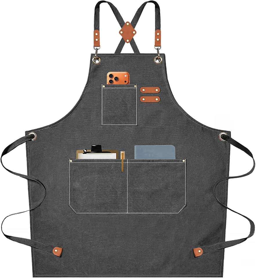 AFUN Chef Aprons for Men Women with Oversized Pockets, 16-Ounce Cotton Canvas Cross Back Heavy Duty Work Apron (Grey)