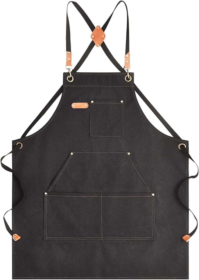 Aoomzoon Canvas Aprons for Men Women, Heavy Duty BBQ Apron with Pockets | 100% Cotton Canvas, 16oz Adjustable Cross Back Apron with Hardware Buckle, 32" x 27" Full Coverage, for Kitchen Grilling