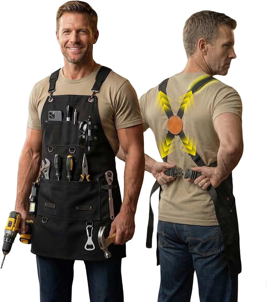 Heavy Duty Canvas Tool Aprons for Men: 6-Pocket, with Quick-Release Buckle, Ergonomic X-Cross Back, Adjustable Waist 28"–71", Mechanics Apron for Men, Ideal for Woodworking, Workshop, DIY &amp; Carpentry