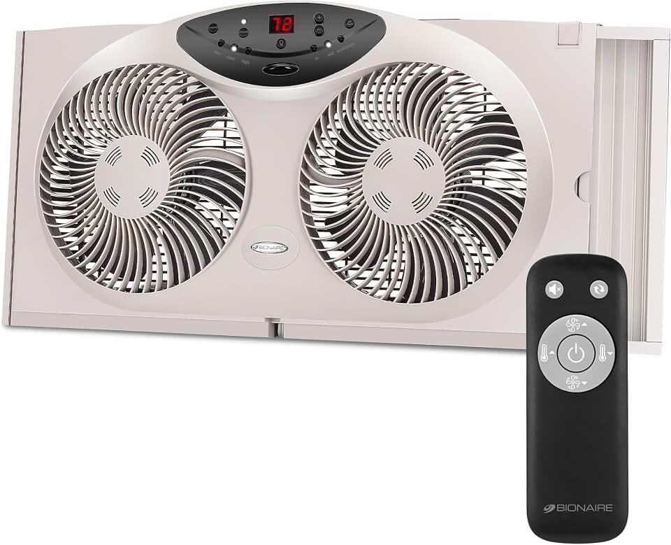 Bionaire Window Fan with Reversible Airflow Blades – 3-Speed Settings, Programmable Thermostat, LED Display, Remote Control, Fits 24–36" Windows, No Assembly Required