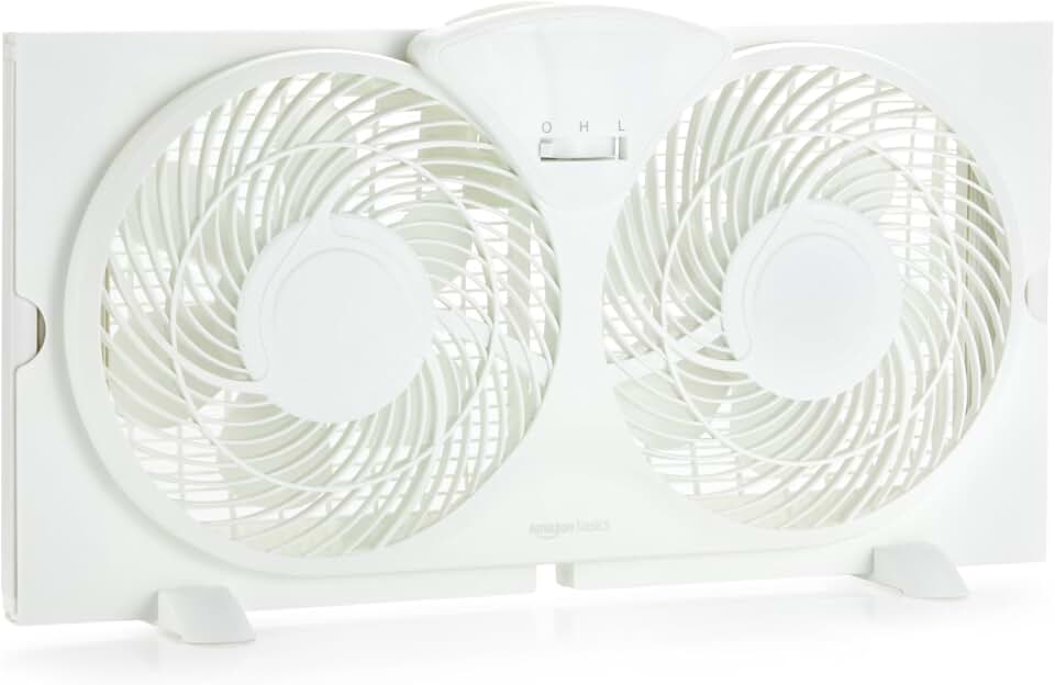 Amazon Basics Twin Window Fan for Home Bedroom, 9 inch, Reversible Airflow, Exhaust Mode, Expandable Side Panels, Width Adjustable, 2 Speeds, Air Circulation, 68W, White