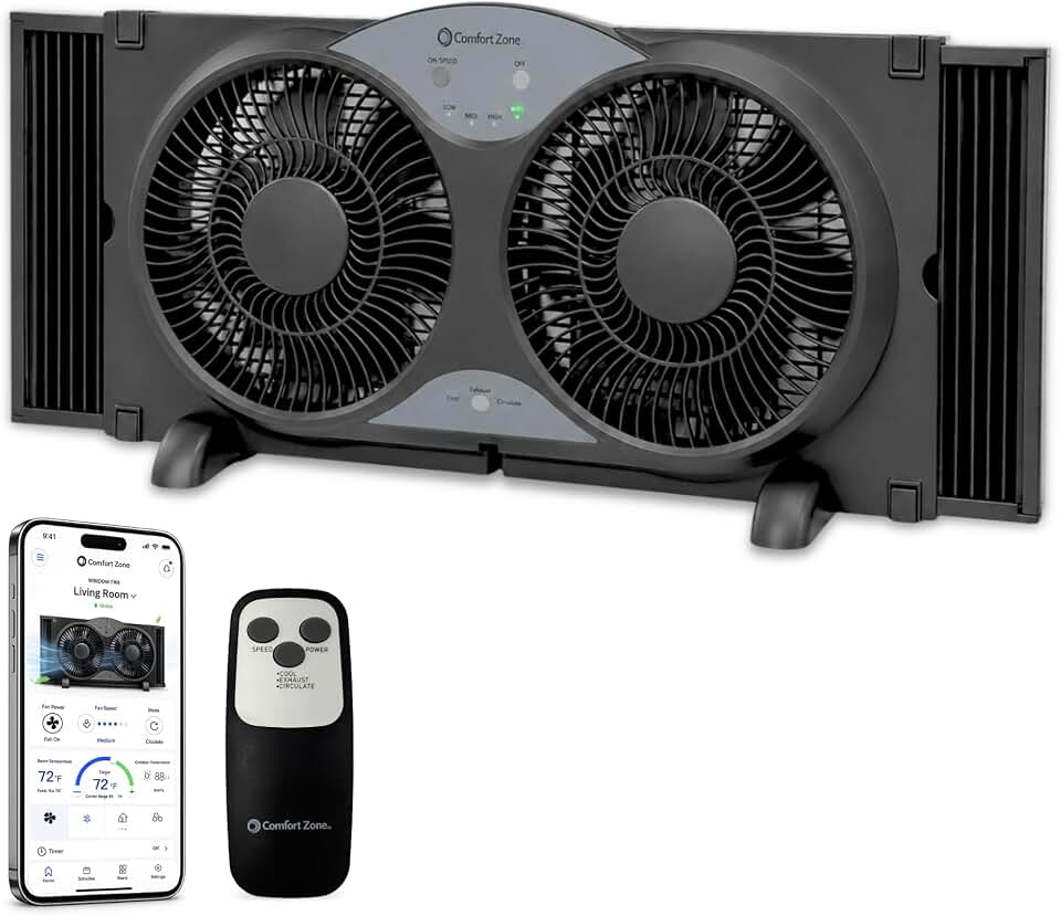 Comfort Zone 9" Smart Reversible Twin Window Fan with WiFi &amp; Remote Control | 3-Speed Exhaust, Intake &amp; Circulate Functions | Adjustable 23.5" to 37" Width | Works App (iOS/Android)