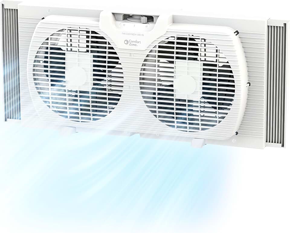 Comfort Zone Twin Window Fan with Reversible Airflow Control, 9 inch, Auto-Locking Expanders, 2 Speed Fan, Dual Fan, Exhaust, Airflow 9.84 ft/sec, Ideal for Home, Kitchen, Bedroom &amp; Office, CZ319WT