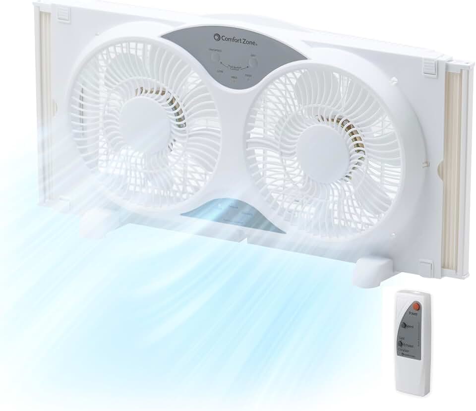 Comfort Zone Window Fan for Bedroom, 9 inch 3 Speed Dual Fans with Auto-Locking Expanders, 3 Modes (Cool, Circulate, Exhaust), Remote Control, Fabric Cover plus Bug Screen, White