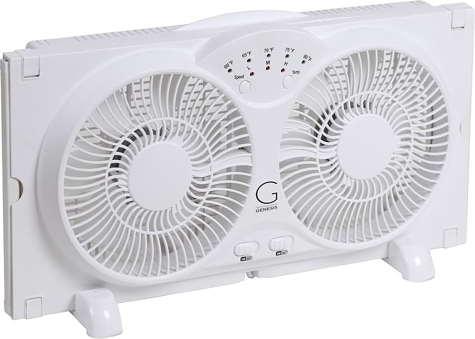 Genesis Twin Fan High Velocity Reversible AirFlow Fan, LED Indicator Lights Adjustable Thermostat &amp; Max Cool Technology, ETL Certified, White (A1WINDOWFAN)