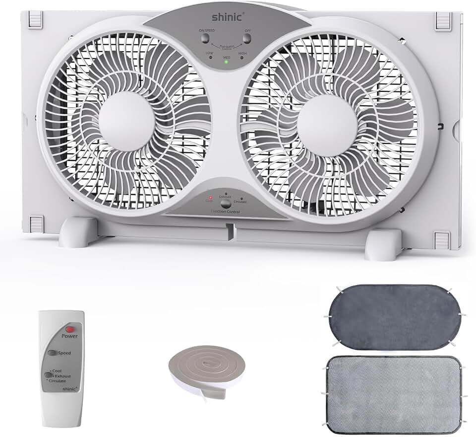 shinic 9" Twin Window Fan Low-Noise Reversible Airflow, 23.8"-37", ETL | Low-noise reversible intake/exhaust. 3 speeds, removable cover &amp; bug screen, ETL certified for bathroom, kitchen, office.