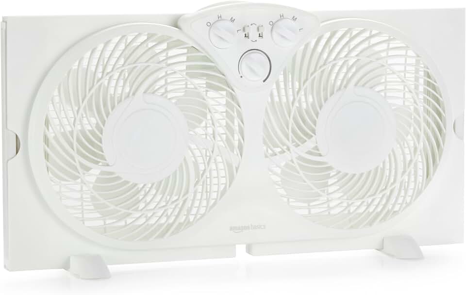 Amazon Basics Window Fan for Home Bedroom, Twin Heads, Cooling Airflow, Exhaust, Expandable Side Panel, Manual Control, 3 Speeds, 63W, 9 inch, White