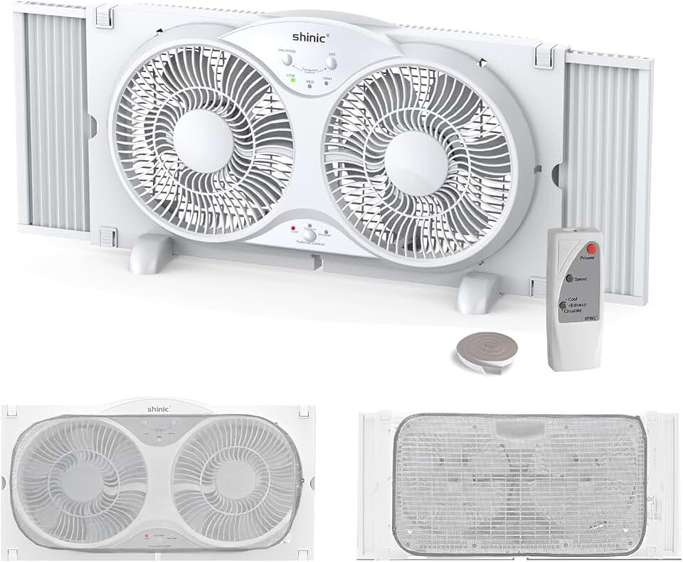shinic 9" Twin Window Fan, 2026 Upgraded, Reversible Airflow with Remote | 3-Speed Window Fan with Exhaust/Intake/Circulate, Expandable Panels 24"-37" for Home Kitchen use,Bug Screen, Dust Cover