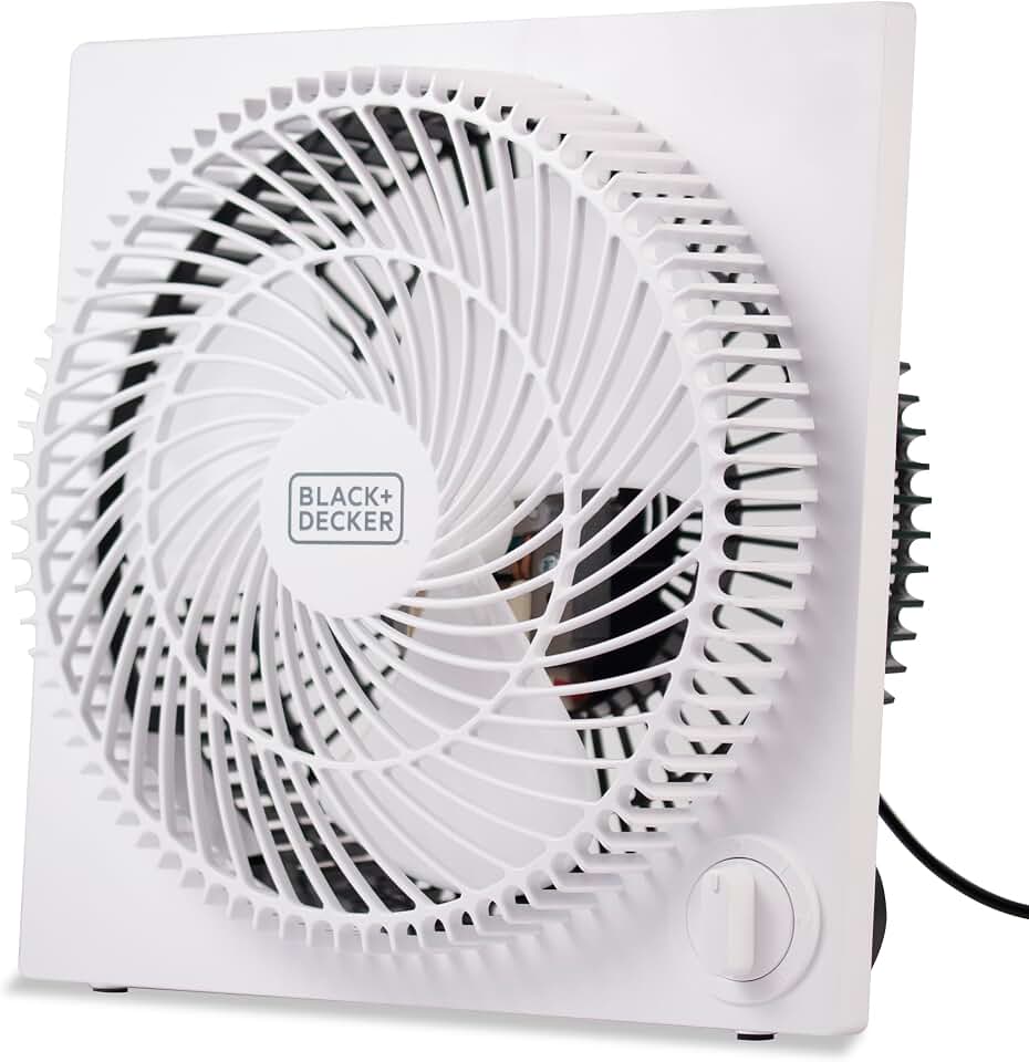 BLACK+DECKER 9-Inch Frameless Box Fan, 3-Speed Settings, BFB09W, White | Desk Fan with 3-Speed Settings, Quiet and Lightweight Portable for Home Office or Garage, Self-Standing Frameless Design