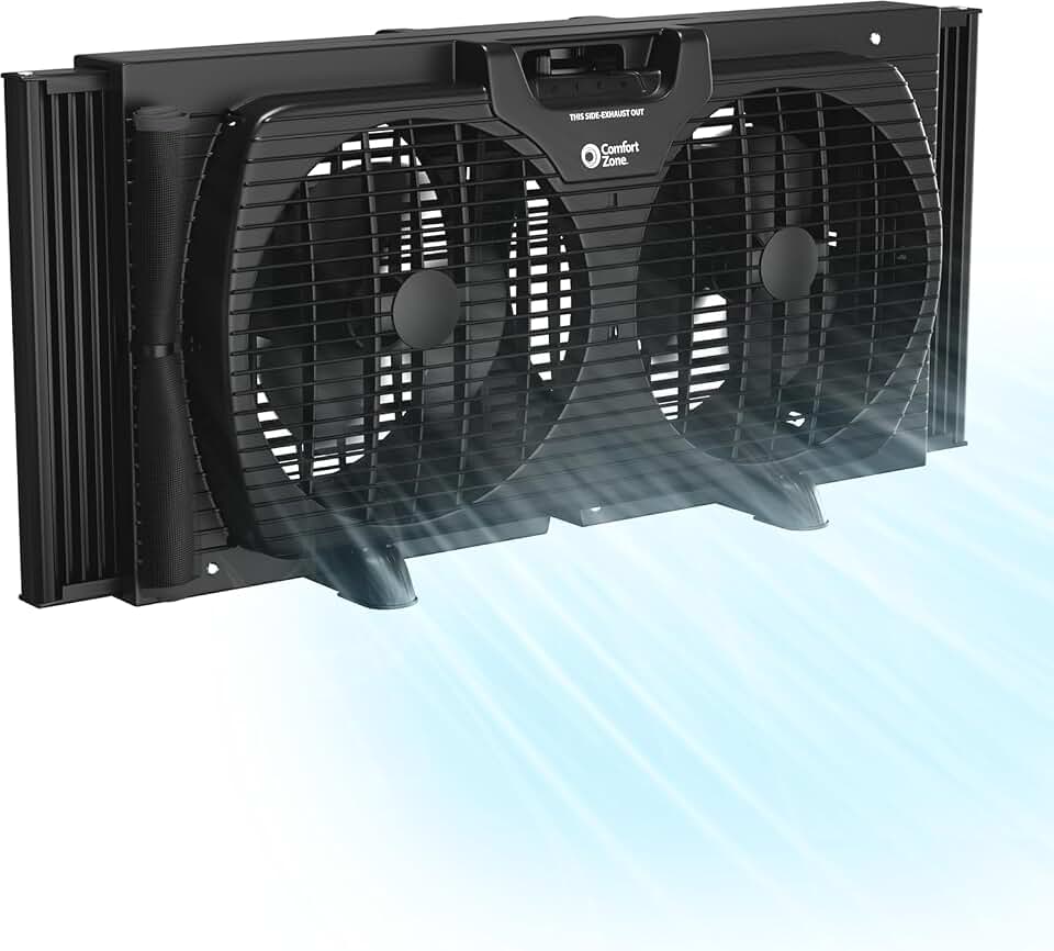 Comfort Zone Reversible Twin Window Fan with 3-Speeds &amp; Expandable Width | Draw Cool Air In or Manually Reverse to Pull Warm Stale Air Out, Removeable Bug Screen, ETL Certified for Home and Kitchen
