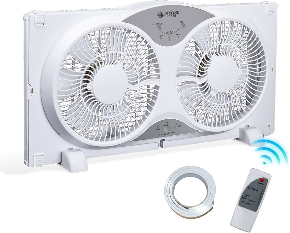 BEYOND BREEZE 9" Dual Window Fan Reversible Airflow with Exhaust and Intake | 3 Modes (Cool, Circulate, Exhaust), Vertical Twin Window Fan, Adjustable Width 23.5" to 37", Ideal for Home Kitchen