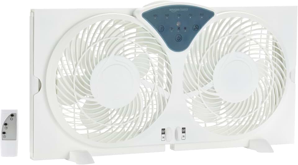 Amazon Basics Twin Window Fan with Reversible Airflow, 3 Speeds, Exhaust, Expandable Side Panel, Digital Control, 9 inch, 78W, White