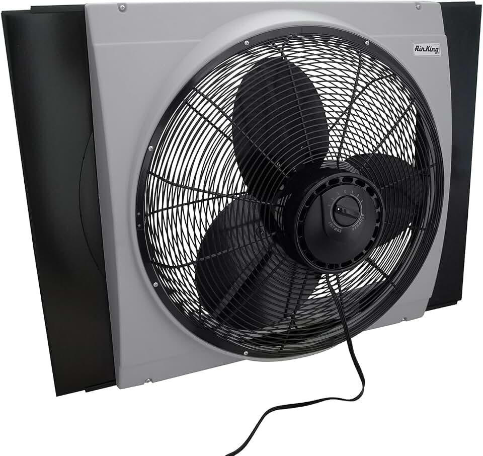 Air King 20" 1/6 HP Whole House Window Fan with 3-Speeds and Storm Guards for Circulation and Exhausting Air, 9166, Black