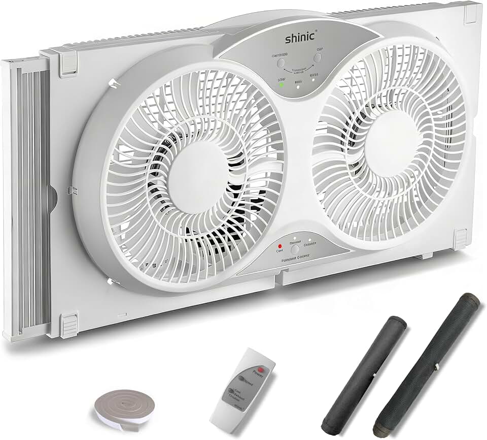 shinic 9" Twin Window Fan with Remote, Reversible Airflow, Fits 24"-37" | Window Exhaust Fan,Circulation,Cooling,Ventilation,Air Exchange,Remove Smoke for Kitchen,Bathroom,Bedroom,Pet Room