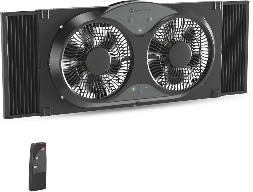 Comfort Zone Reversible Twin Window Fan with 3-Speeds &amp; Expandable Width | Draw cool air in, exhaust warm air out, or cross-ventilate with 3 modes. Includes remote, removable bug screen &amp; dust cover