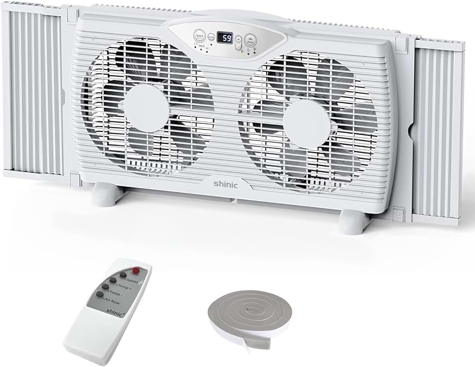 shinic Twin Window Fan, 9-Inch Blades Reversible Airflow, Thermostat Control, 3 Speeds, 3 Functions, 23.8"-37" Expandable Width, Window Exchaust Fans for Home Bedroom, ETL Certified