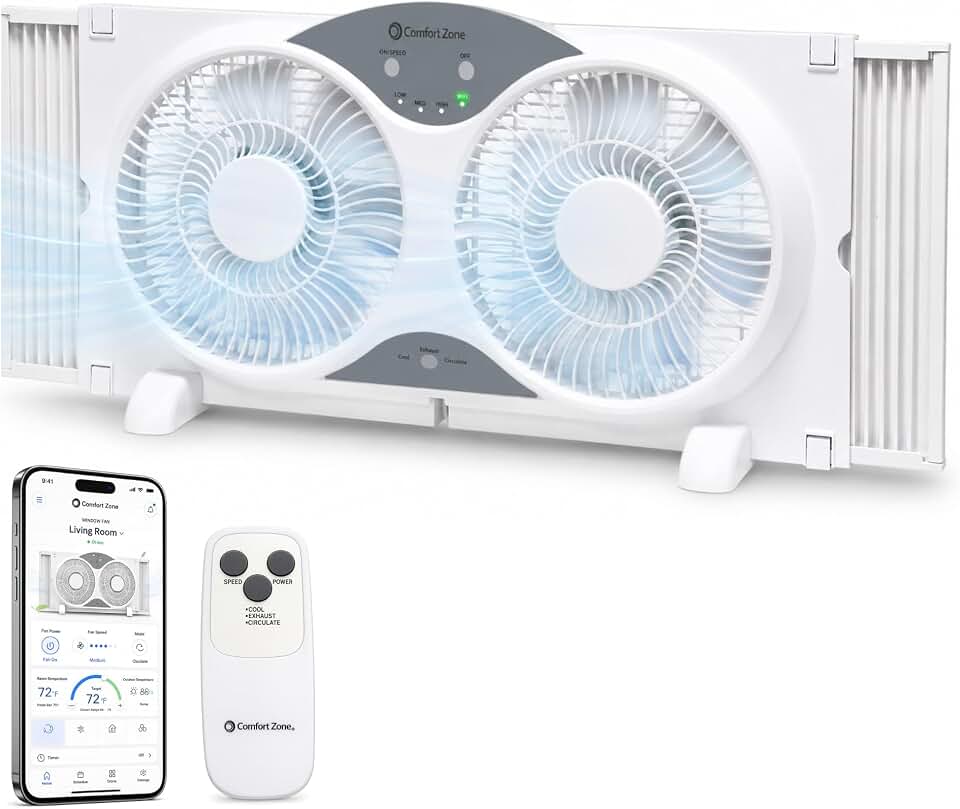 Comfort Zone 9" Smart Reversible Twin Window Fan with WiFi &amp; Remote Control | 3-Speed Exhaust, Intake &amp; Circulate Functions | Adjustable 23.5" to 37" Width | Works App (iOS/Android)