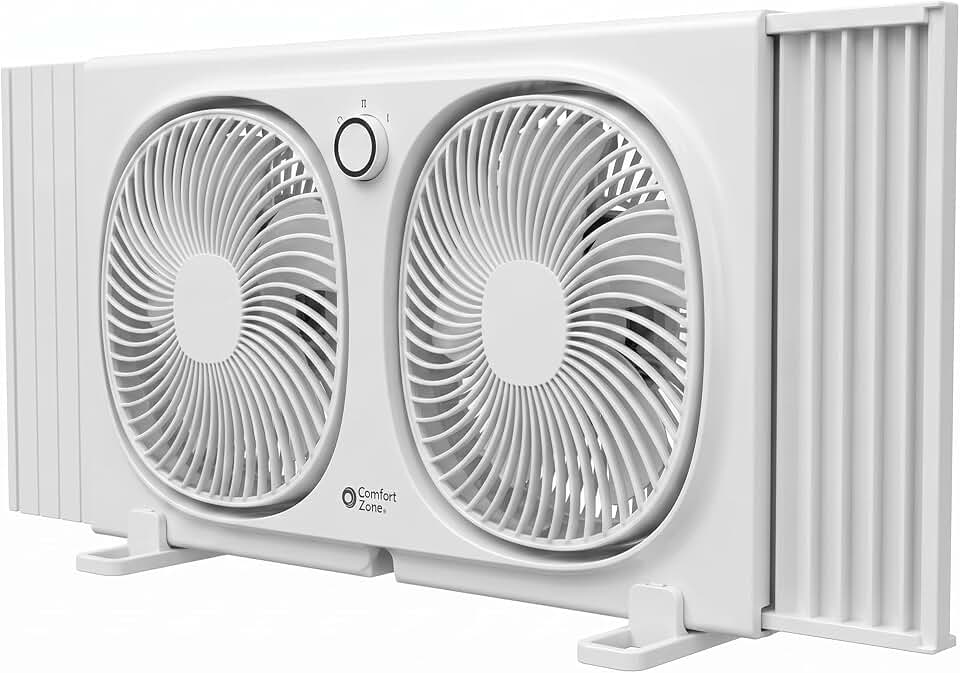 Comfort ZoneTwin Blade Reversible Window Fan with Auto-Locking Expanders, Independent Airflow Control, Removable Cover, and Tabletop Feet