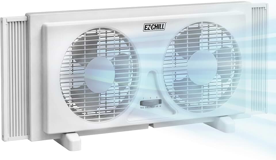 EZ-CHILL 9" Twin Window Fan with Manually Reversible Airflow Control, Auto-Locking Expanders, 2 Speed, Dual Fan, Exhaust, Airflow 9.84 ft/sec, Ideal for Home, Kitchen, Bedroom &amp; Office, White