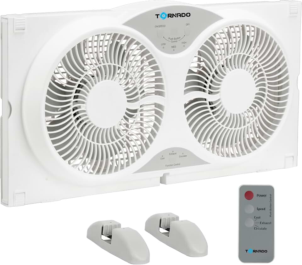 Tornado 9 Inch Dual Window Fan with Remote Control, 3-Speed, Expandable 23.5-35.4 Inches, 3 Modes (Cooling/Exhaust/Circulation), Detachable Base, for Home Use, White