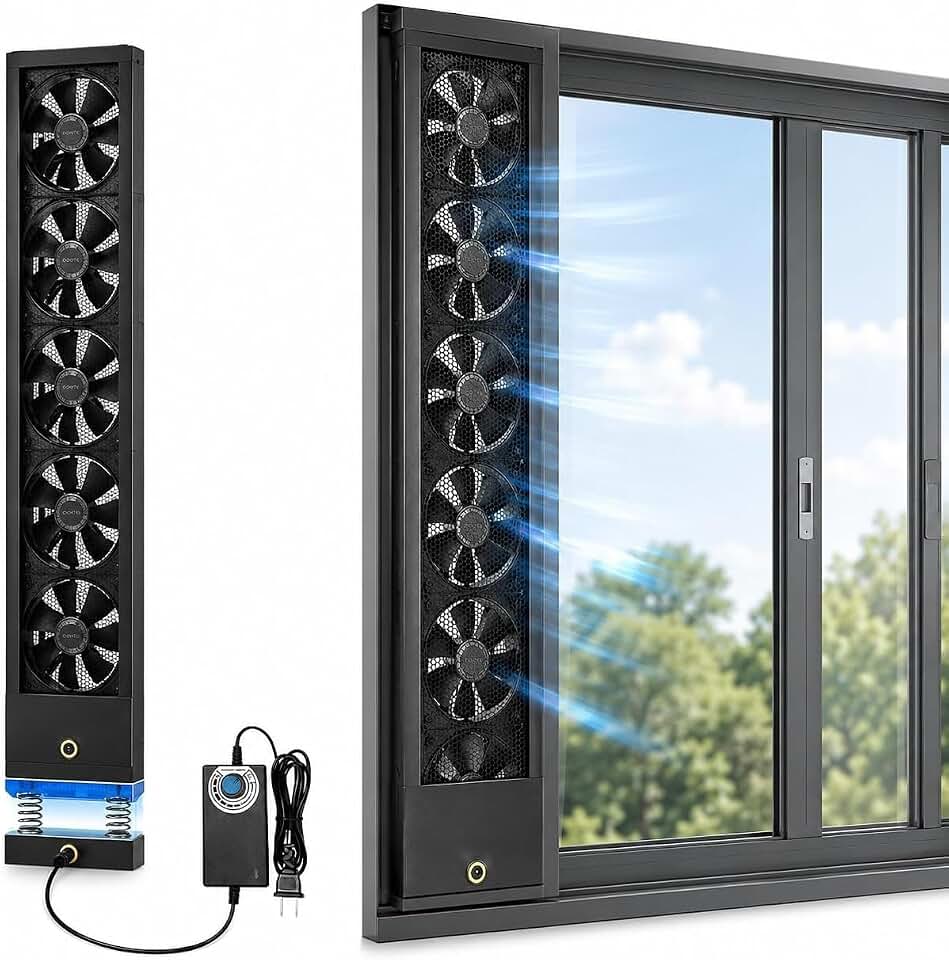 Vertical Sliding Window Vent Fan, 35dB Ultra Quiet Slim Window Fan with Speed Controller, No Drill Spring Mount &amp; Washable Filter for Bedroom Apartment Office (47-51IN)