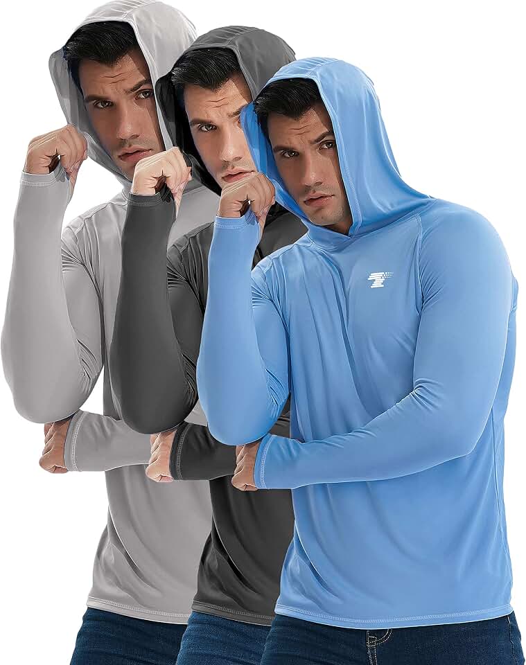 TELALEO 3 Pack Men's UPF 50+ Sun Protection Shirts Fishing Hoodie Long Sleeve