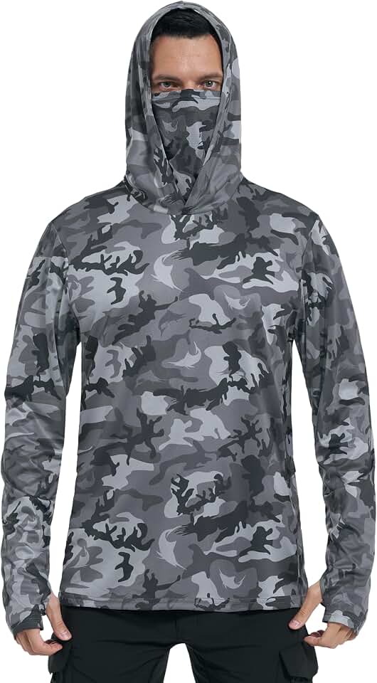 FISHEAL Men's Performance Fishing Hoodie Shirt - UPF 50+ Sun Protection Long Sleeve Thumbholes Shirts with Neck Gaiter