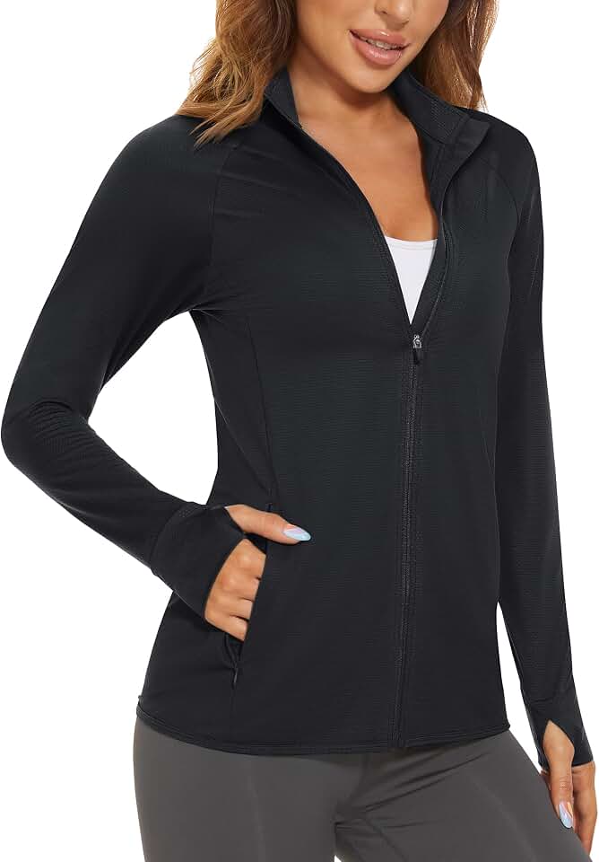MAGCOMSEN Women's UPF 50+ Lightweight Athletic Jacket Sun Protection Full Zip Long Sleeve Shirts Hiking Outdoor Pockets